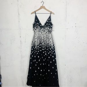Monique Lhuillier Black Gown with Silver Floral Embroidery